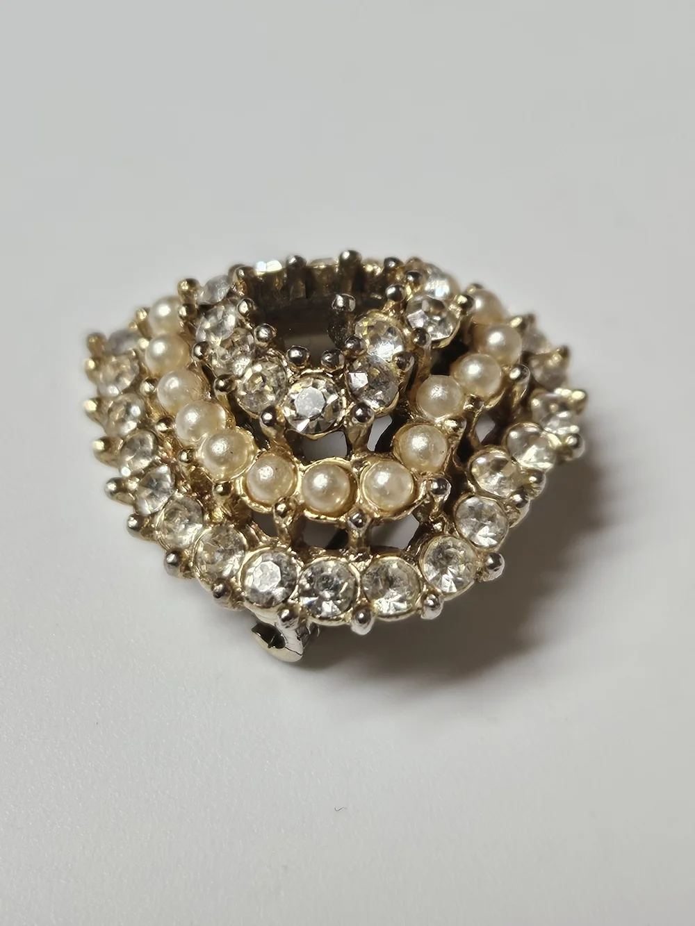 Gold Heart Brooch with Pearls and Clear Crystals